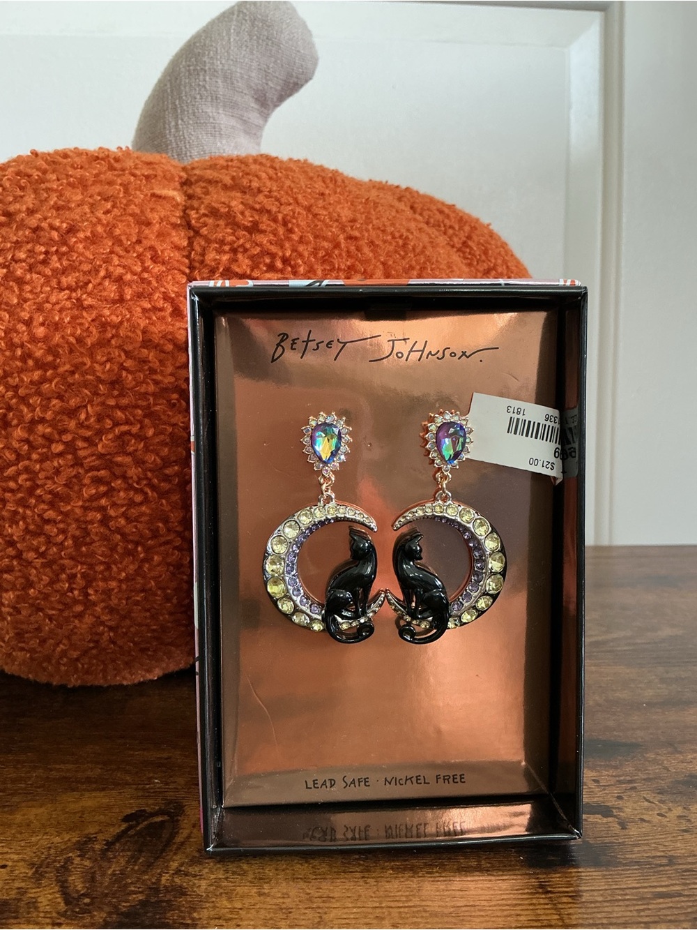Betsey Johnson Black Cat Hoop Earrings with Iridescent Crystals